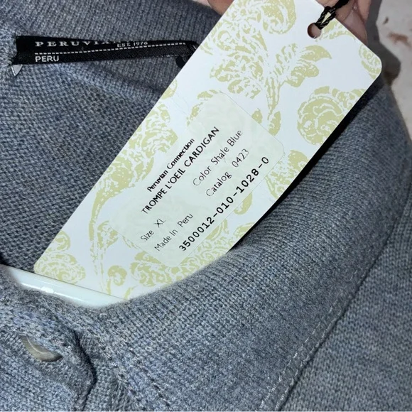 Peruvian Connection Trompe L'Oeil Cardigan Sweater in Shale Blue Size XL NEW - Picture 8 of 8